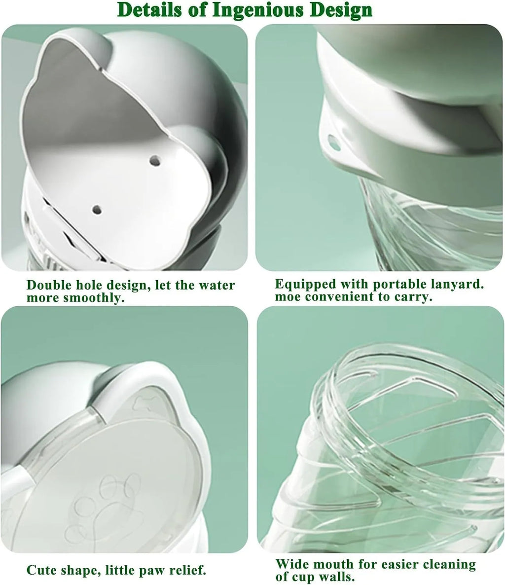 Green 3-in-1 portable pet water bottle with food container and waste bag dispenser