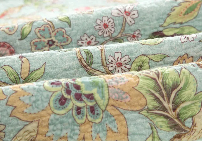 Blue cotton bedspread set with botanical flower and bird pattern, American style design