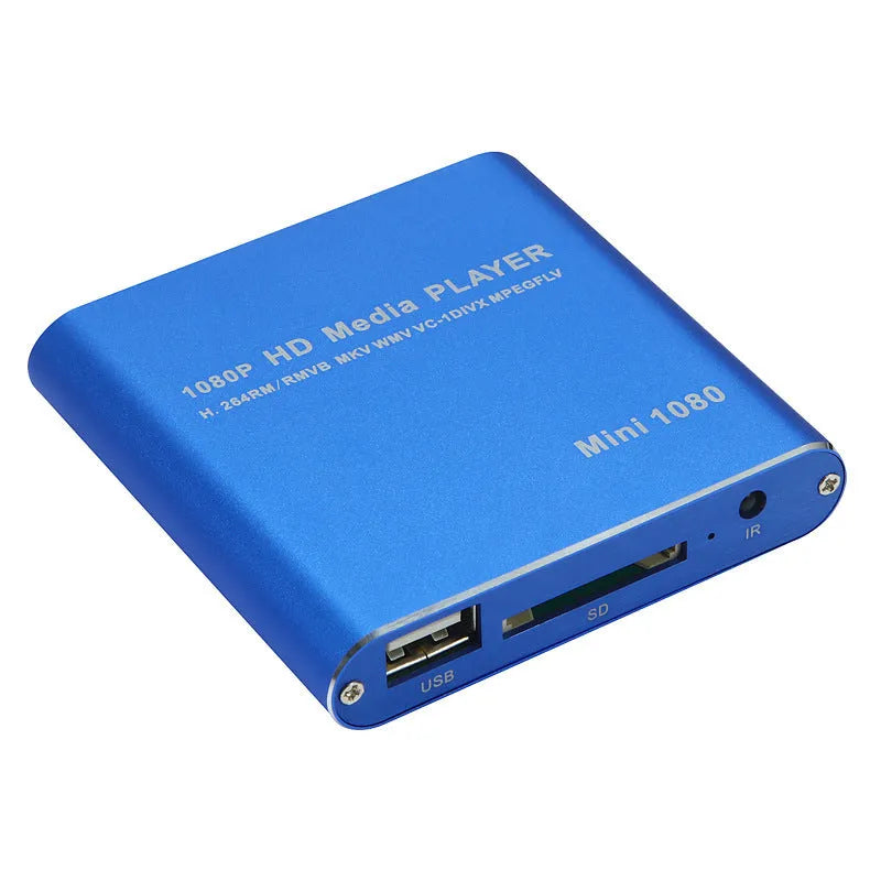 Blue and black 1080P Full HD media player with compact metal housing