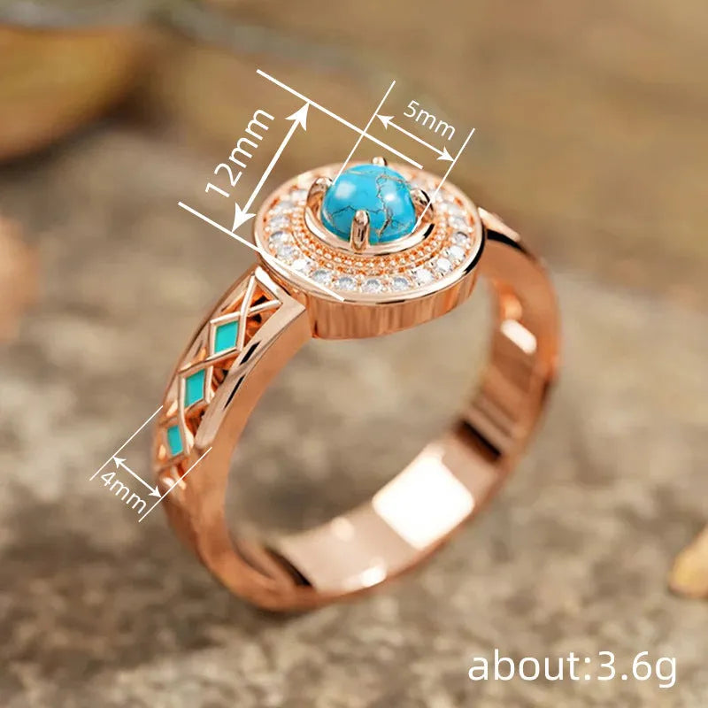 Women's turquoise ethnic style copper ring with micro inlaid zircon and rose gold finish