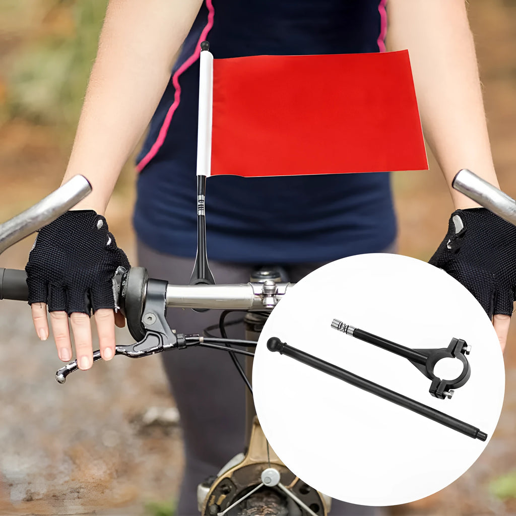 Cycling handlebar flag pole with small square polyester flag attached to plastic pole