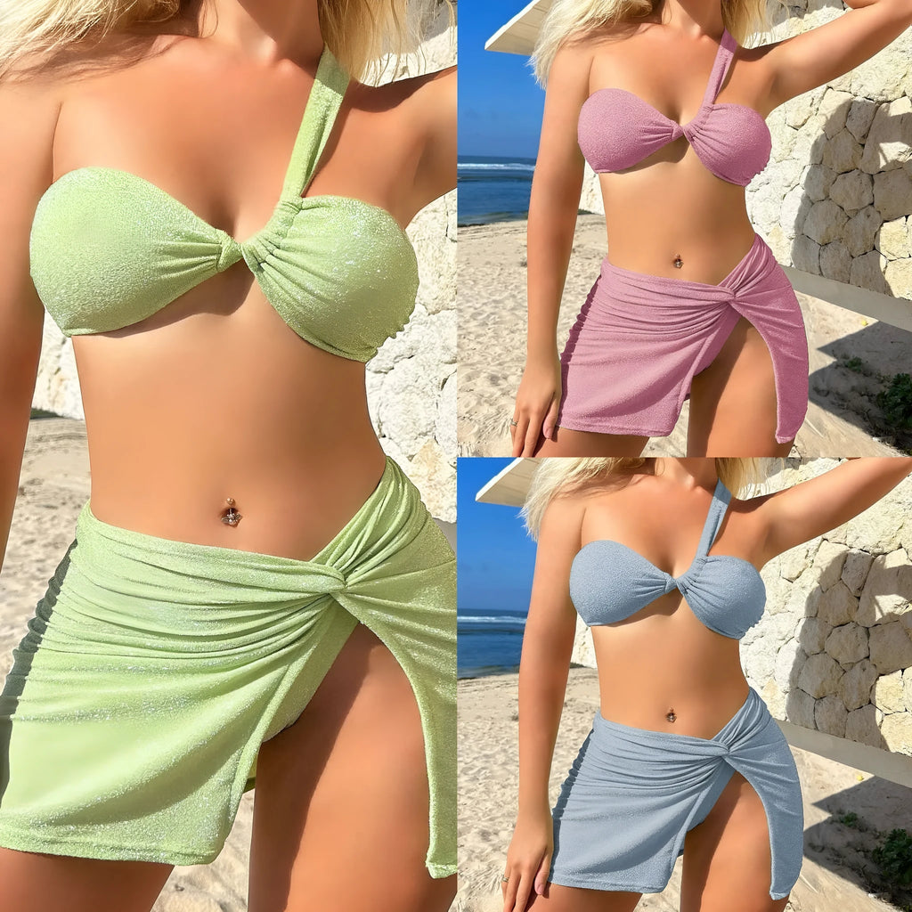 One-shoulder tube top three-piece swimsuit set in light green, sky blue and pink colours