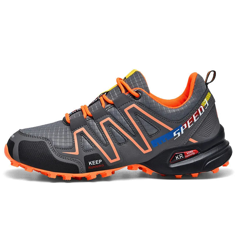 Men's grey and orange casual shoe with synthetic leather upper and non-slip rubber sole.