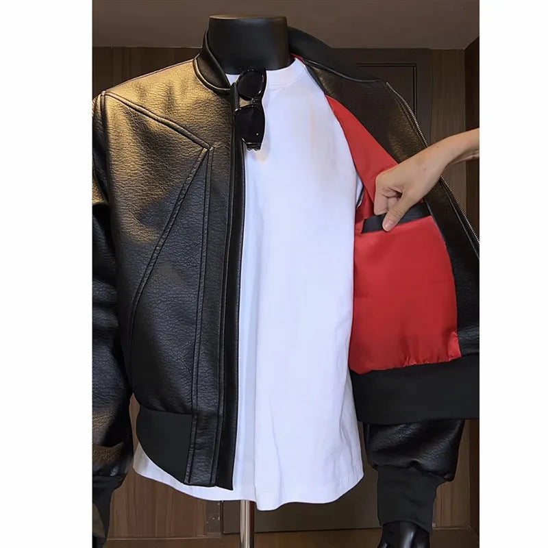 Men's black PU litchi leather jacket with extended 100cm length and light business styling