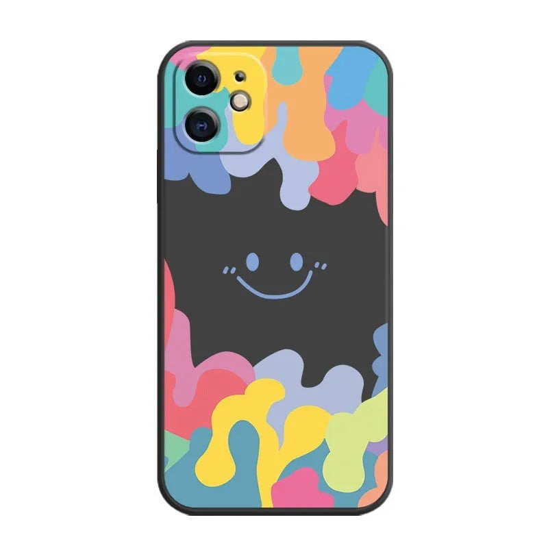 Rainbow smiley face design on white or black camouflage TPU iPhone case with attached carrying lanyard