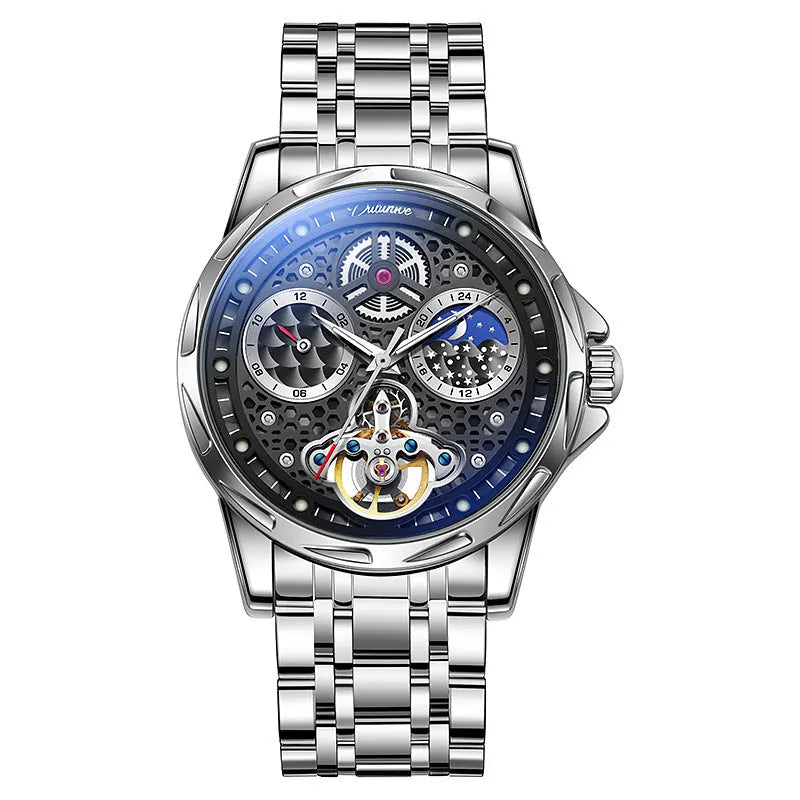 Men's black and white automatic business watch with luminous hands and waterproof construction