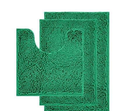 Chenille long hair bathroom toilet carpet three-piece set showing U-shaped and rectangular mats.