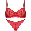 Women's black, red, and green nylon French bra bikini set with fixed double-shoulder straps.