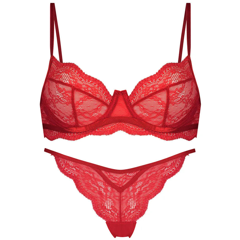 Women's black, red, and green nylon French bra bikini set with fixed double-shoulder straps.