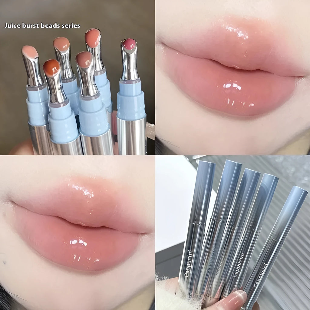 Mirror Water Light Lip Gloss Lipstick in six ice colours shown in a case measuring 12.9cm.