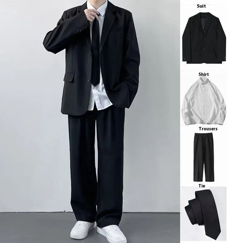 Men's plus size suit jacket with trousers shirt and tie ensemble in college style