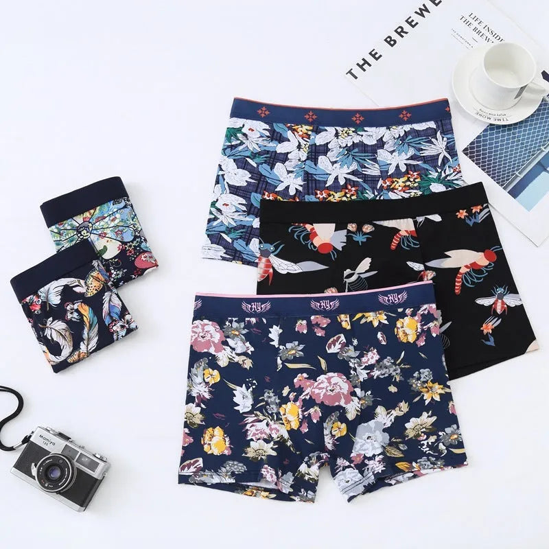 Purified cotton men's boxer briefs with a U-shaped convex design in a floral colour pattern.
