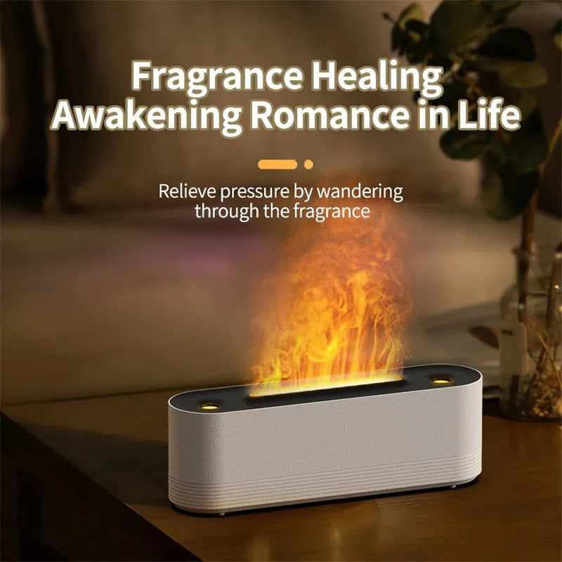Black Flame Air Ultrasonic Humidifier emitting cool mist with a multi-colour LED flame light effect on a wooden table.