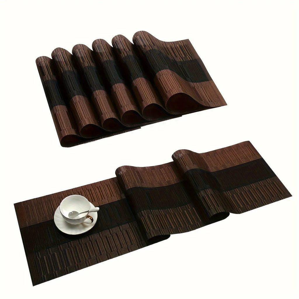 PVC non-slip place mat in gradient bamboo colour on a kitchen countertop.