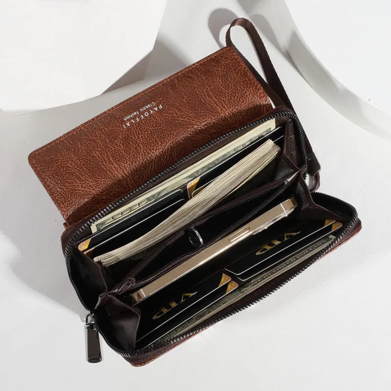 Men's black PU wallet with multiple card slots showing casual long 19cm design