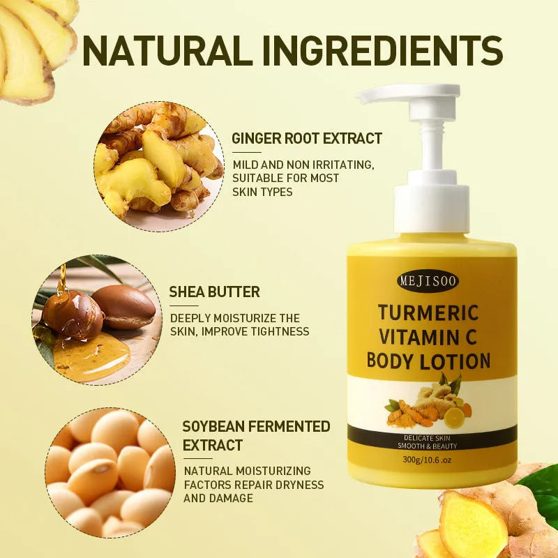 Turmeric VC Body Lotion 300g hydrating skin rejuvenating moisturising firming body cream in white and orange packaging