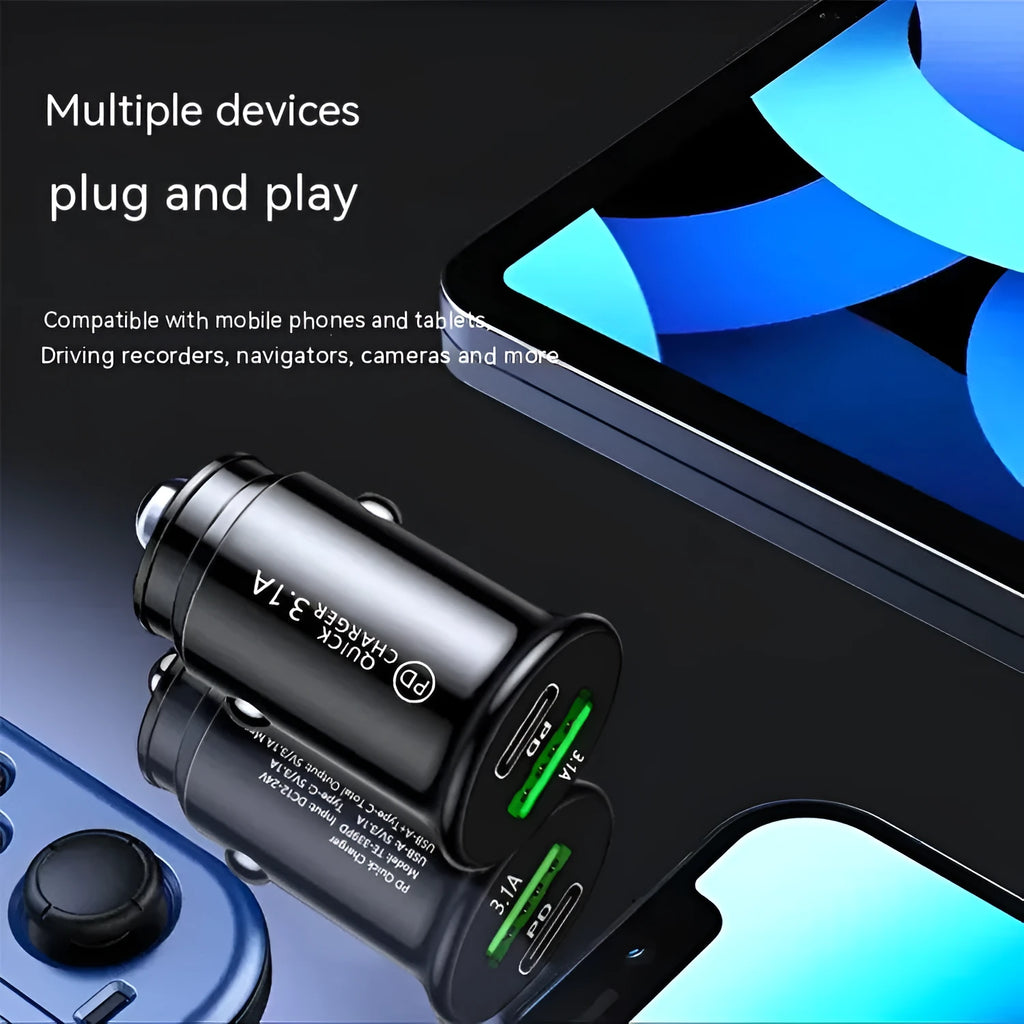 Black dual USB car charger plugged into vehicle 12V socket with phone charging