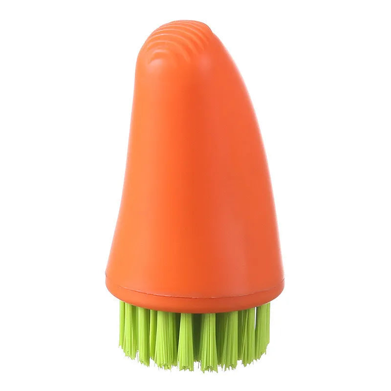 Orange and white radish-shaped nylon carrot cleaning brush for vegetables.
