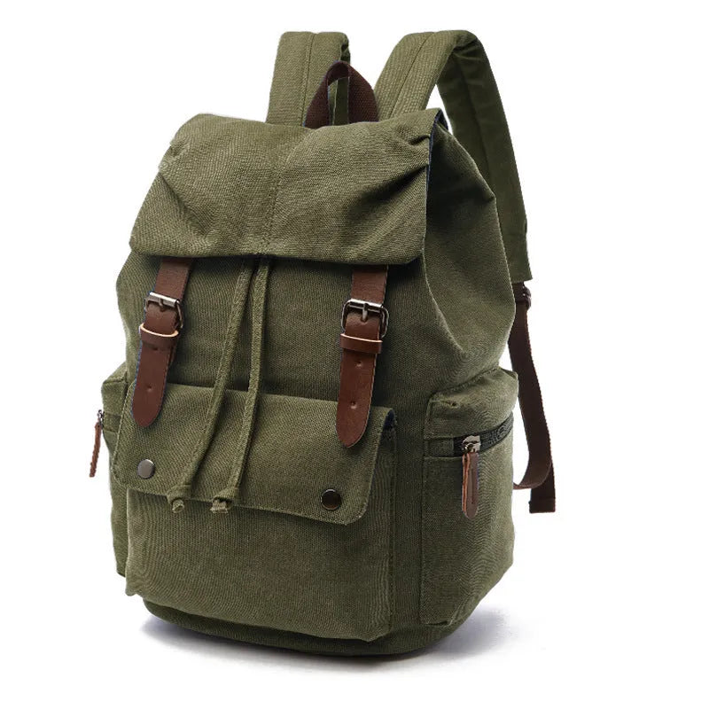 Canvas travel backpack in khaki with airpillow straps and sewing line detailing