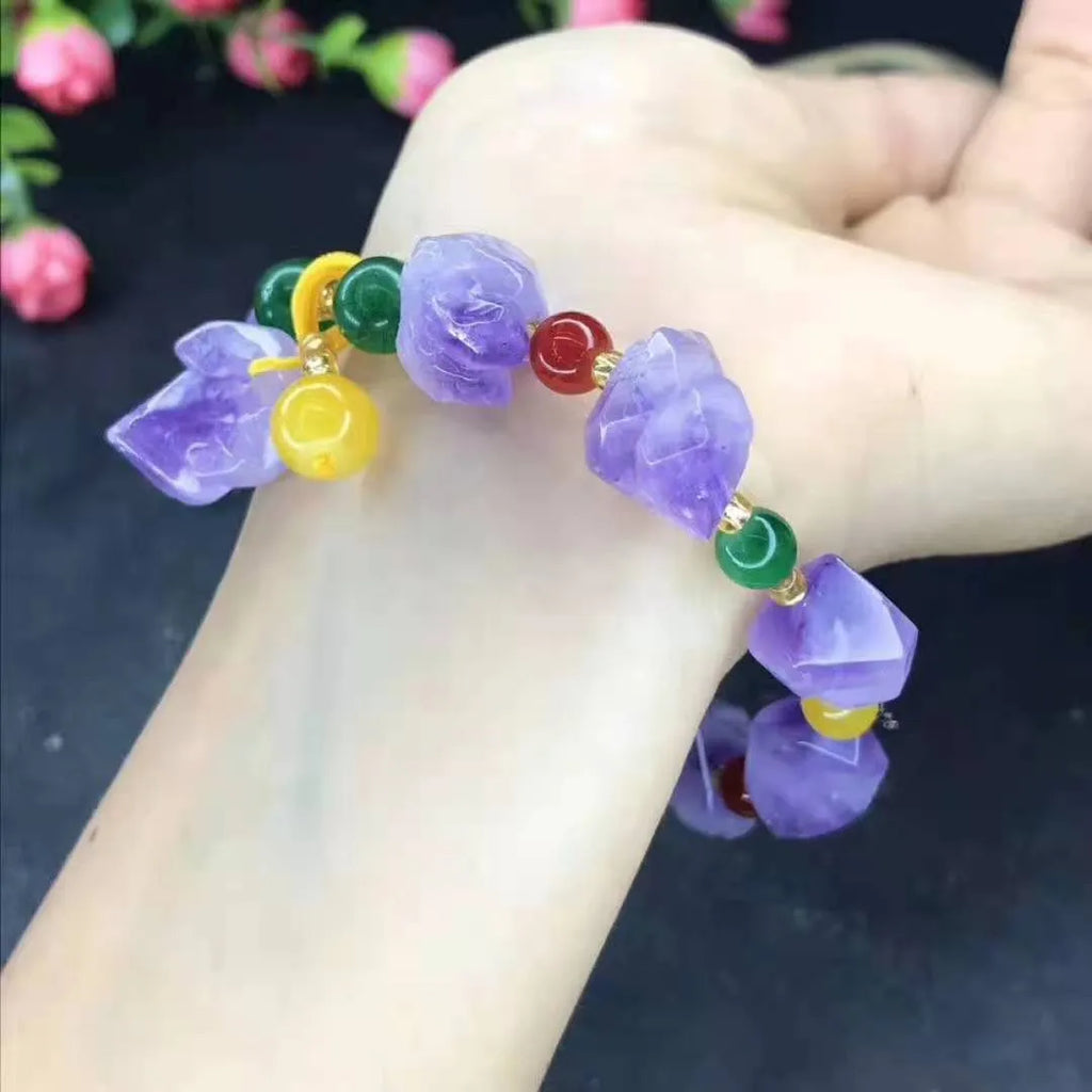 Natural shaped amethyst bead bracelet with fu character charm for women