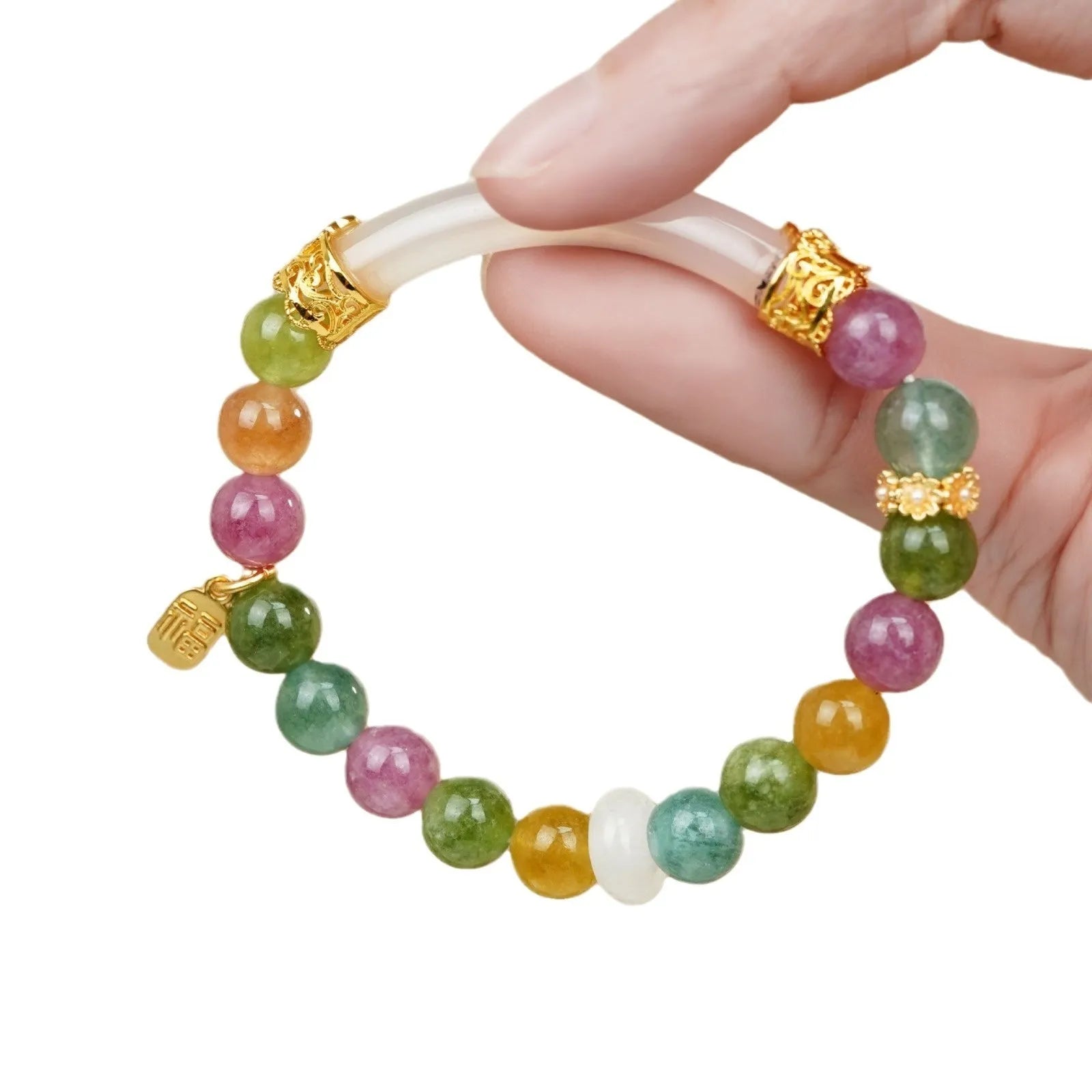 Rainbow coloured tourmaline half bracelet for women with jade pith and electroplated finish