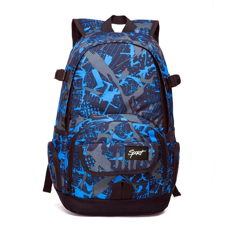 Classic large blue nylon backpack shown from the front, with red colour option available.