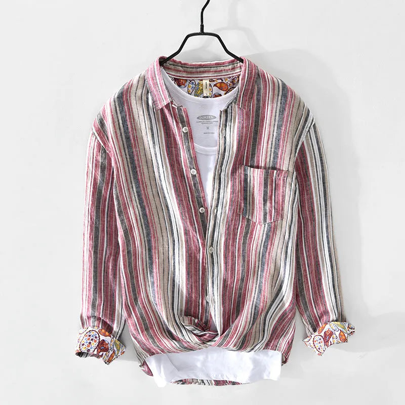 Men's striped linen casual shirt with long sleeves in loose-fitting design