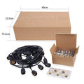 Black 15 metre long LED festoon lighting string with 15 bulbs for garden or indoor decoration.