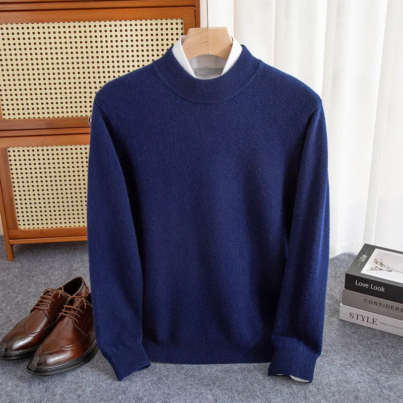 Men's loose fit half-collar wool sweater in a neutral colour on a hanger