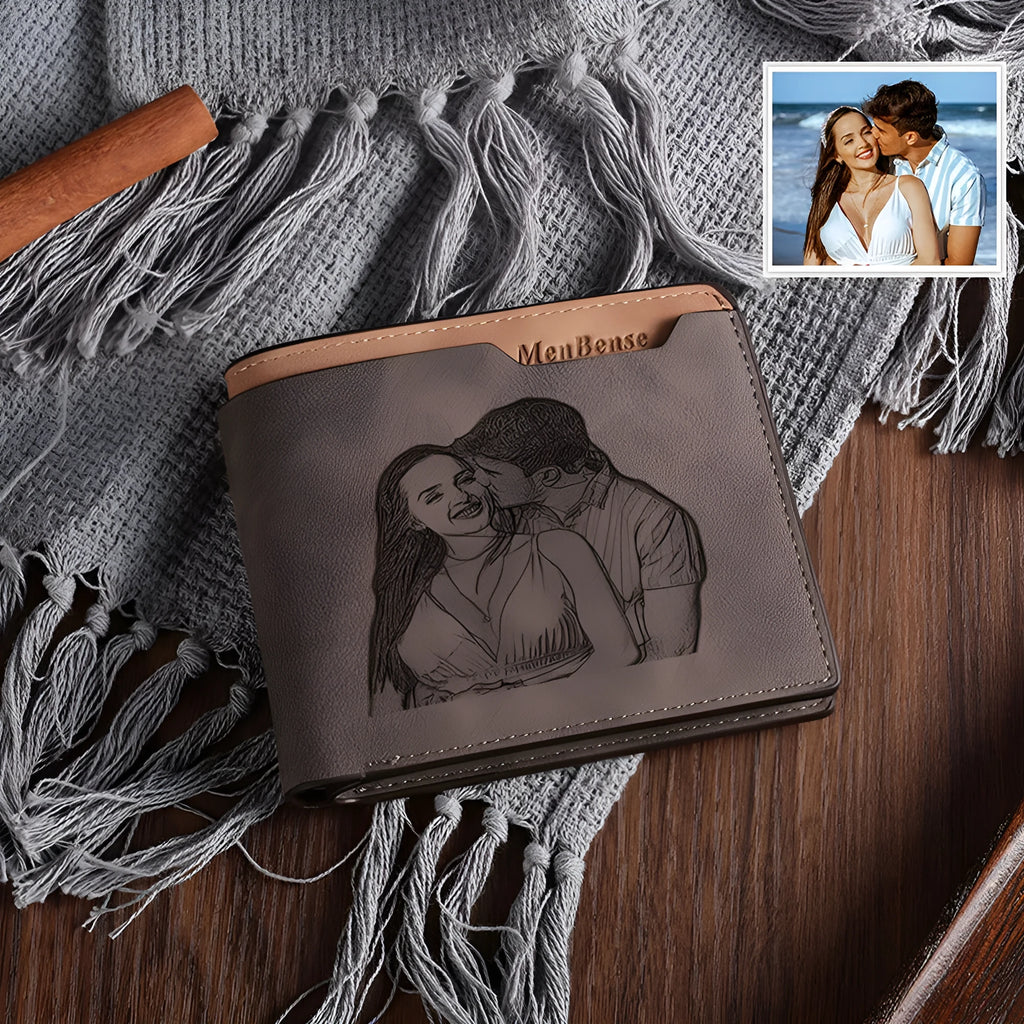 Coffee coloured engraved PU men's wallet showing custom photo and text personalisation.