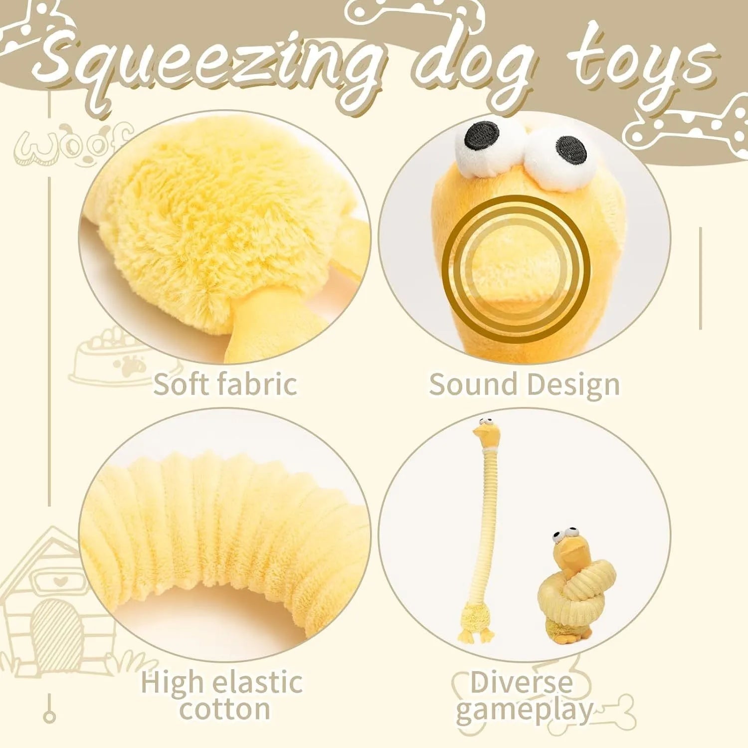 Plush squeaky dog toy with crinkle sounds and foldable design in brown, grey, and yellow colours