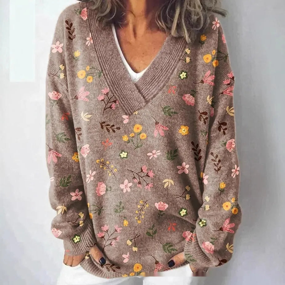 Women's retro-style V-neck sweatshirt with a 3D floral pattern print and long sleeves.
