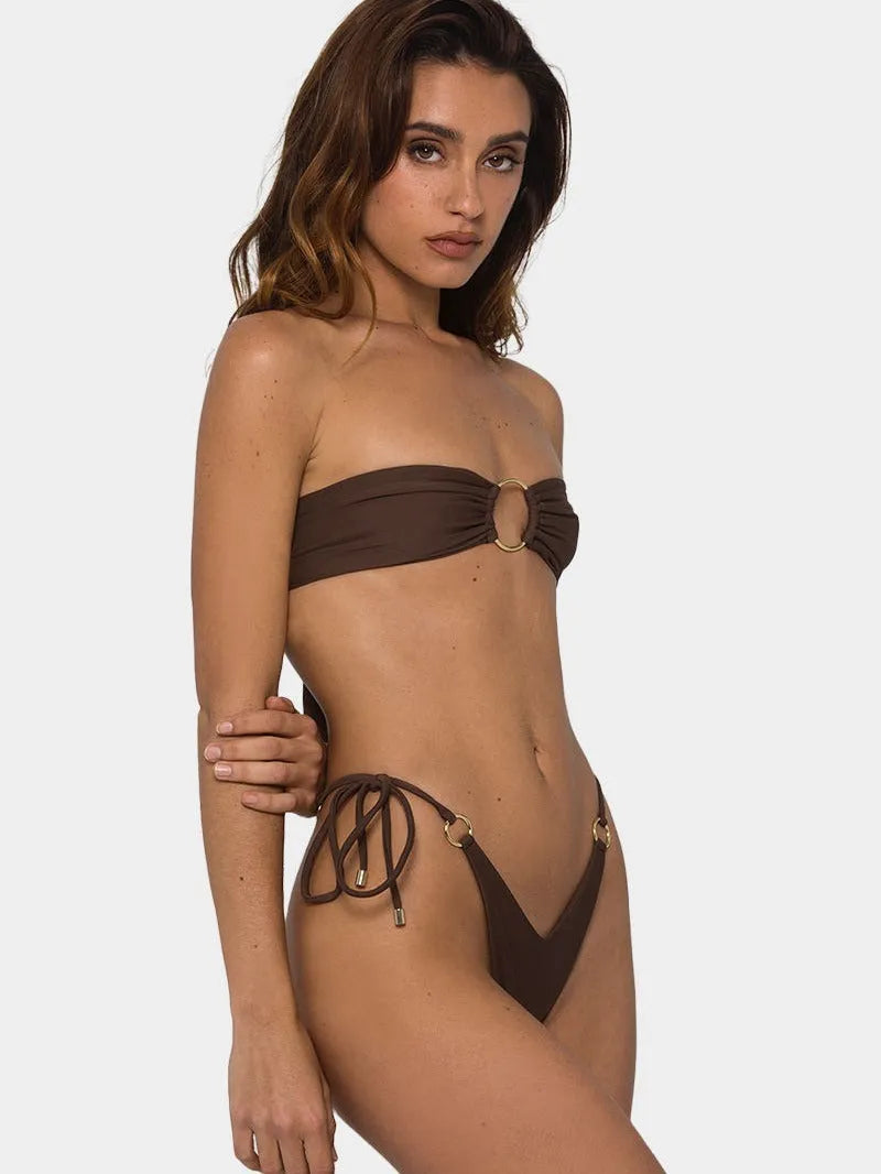 Brown women's tube top push up bikini swimsuit with ring tether detailing and split bottom