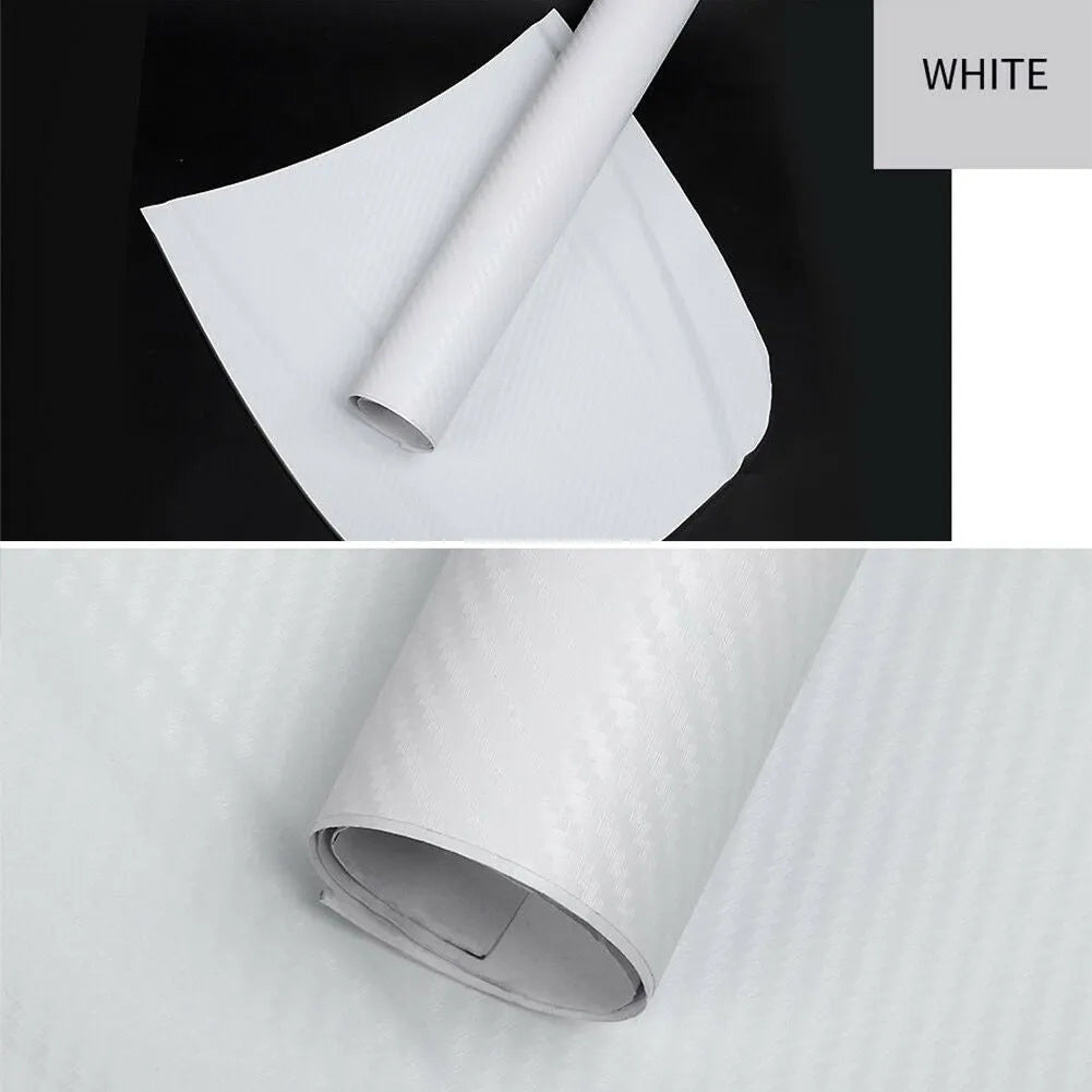 Carbon fibre pattern sticker roll showing eight colour options with 30x127 cm dimensions for car decoration