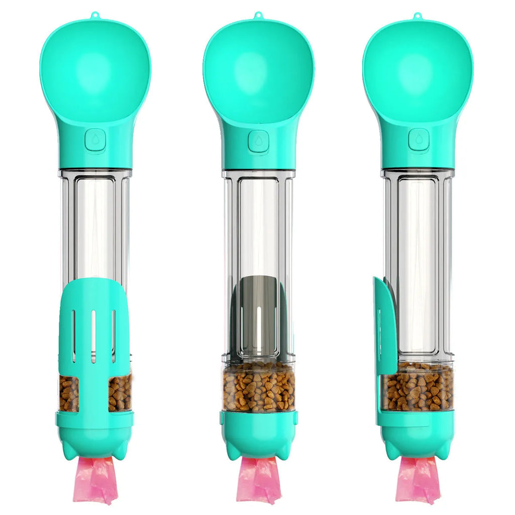 Portable 3-in-1 dog water bottle with leak-proof design, poop bag dispenser, and treat holder in aquamarine colour
