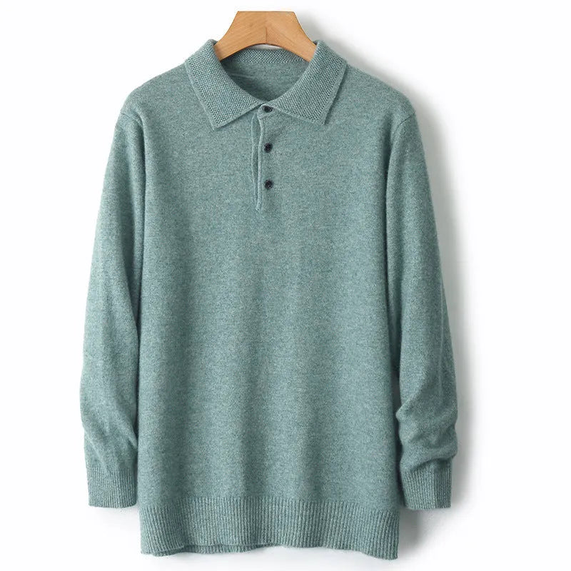 Men's wool polo collar sweater in seven colours with long sleeves and knit texture