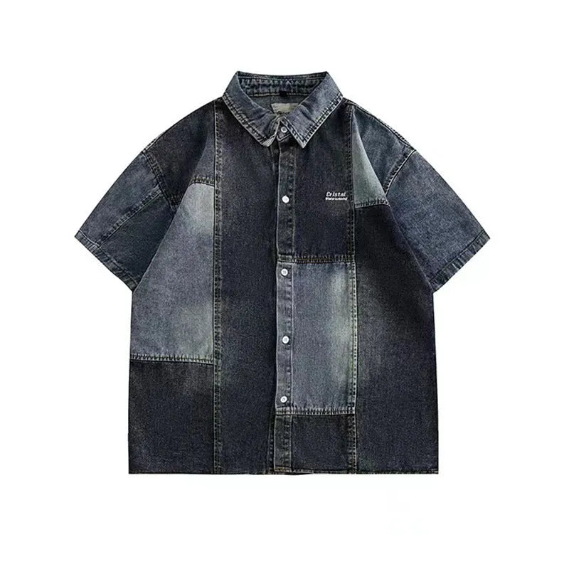 Blue Japanese-style denim shirt with washed stitching, loose fit, and cardigan style for men