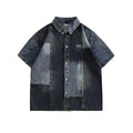 Blue Japanese-style denim shirt with washed stitching, loose fit, and cardigan style for men