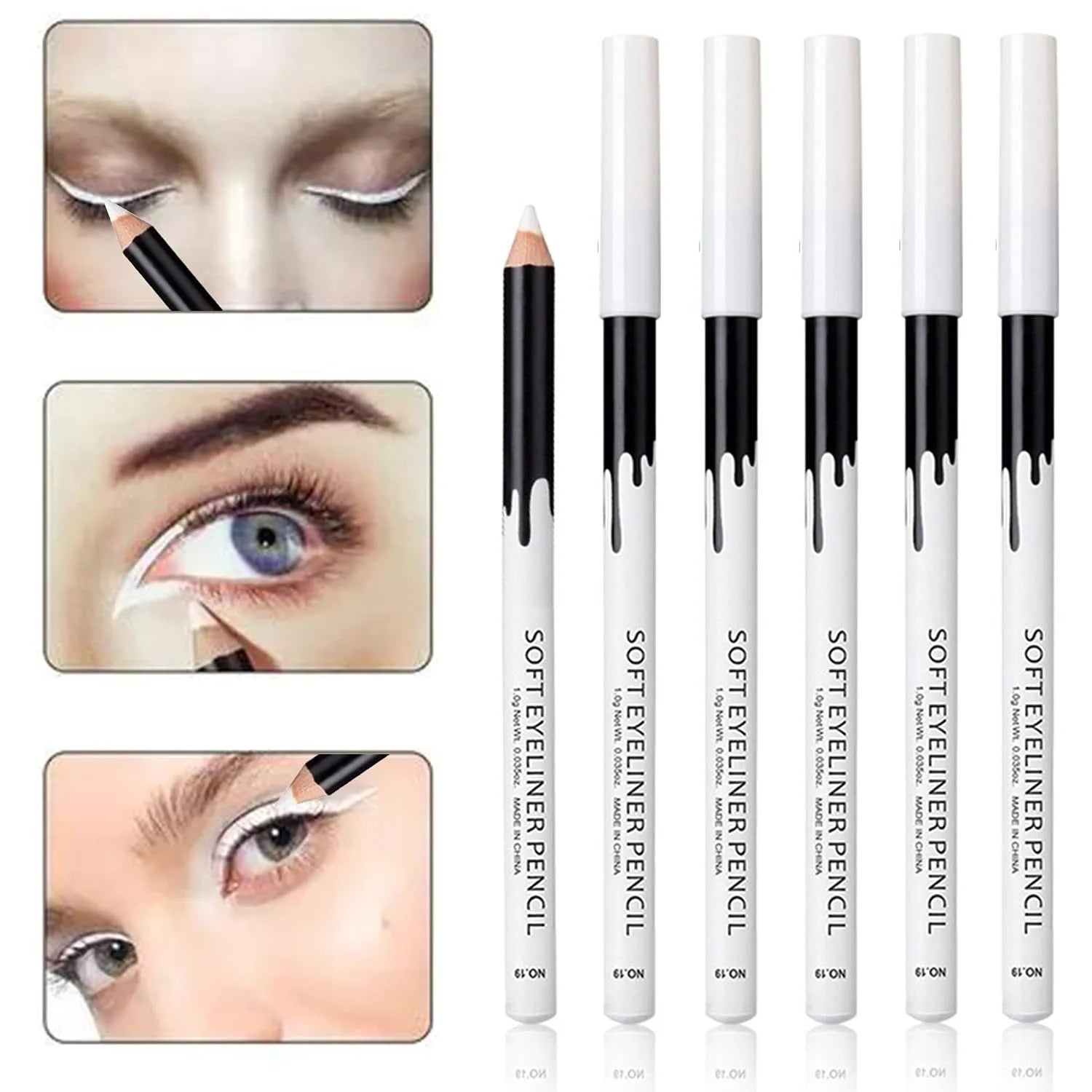 12 white and black retractable eyeliner pencils with sharpener for waterproof makeup application