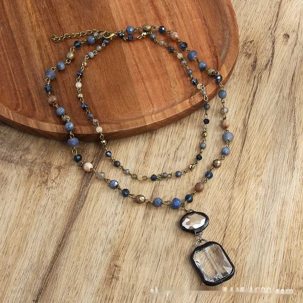 Tribal style two-layer necklace with stone and glass pendant on adjustable 31-40cm chain