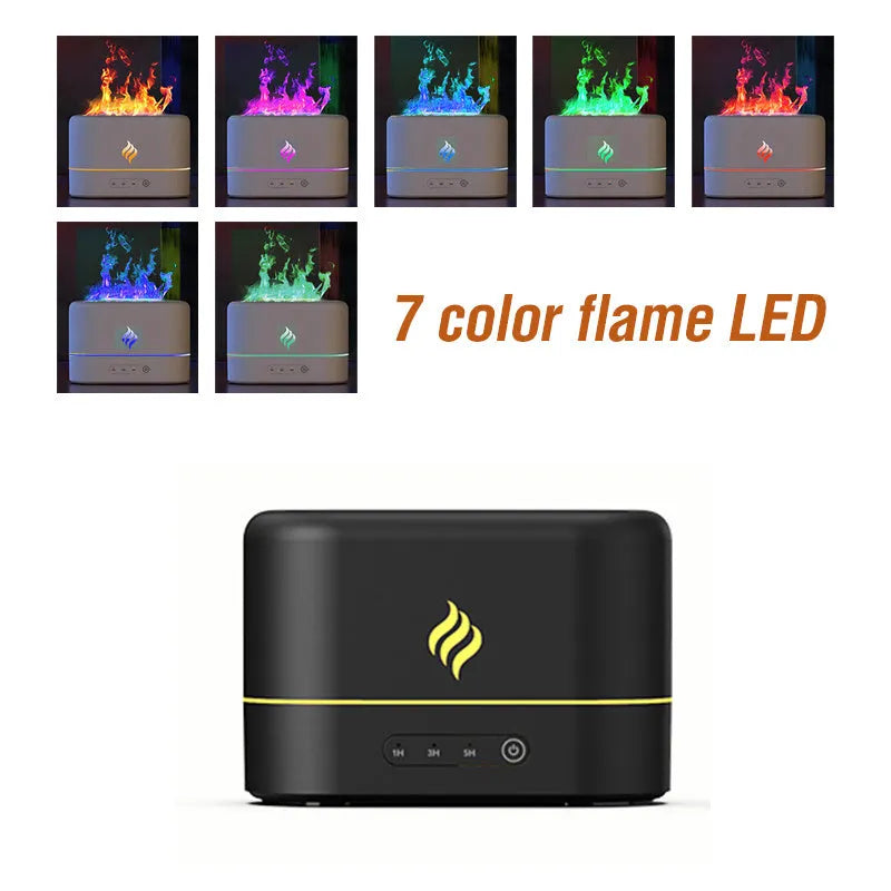 Black USB humidifier with seven-colour flame light effect on a desk.