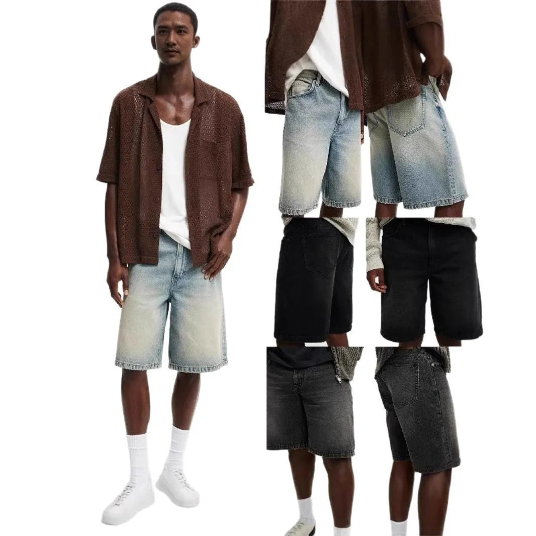 Men's loose fit straight leg jeans in light blue, black and grey cotton denim