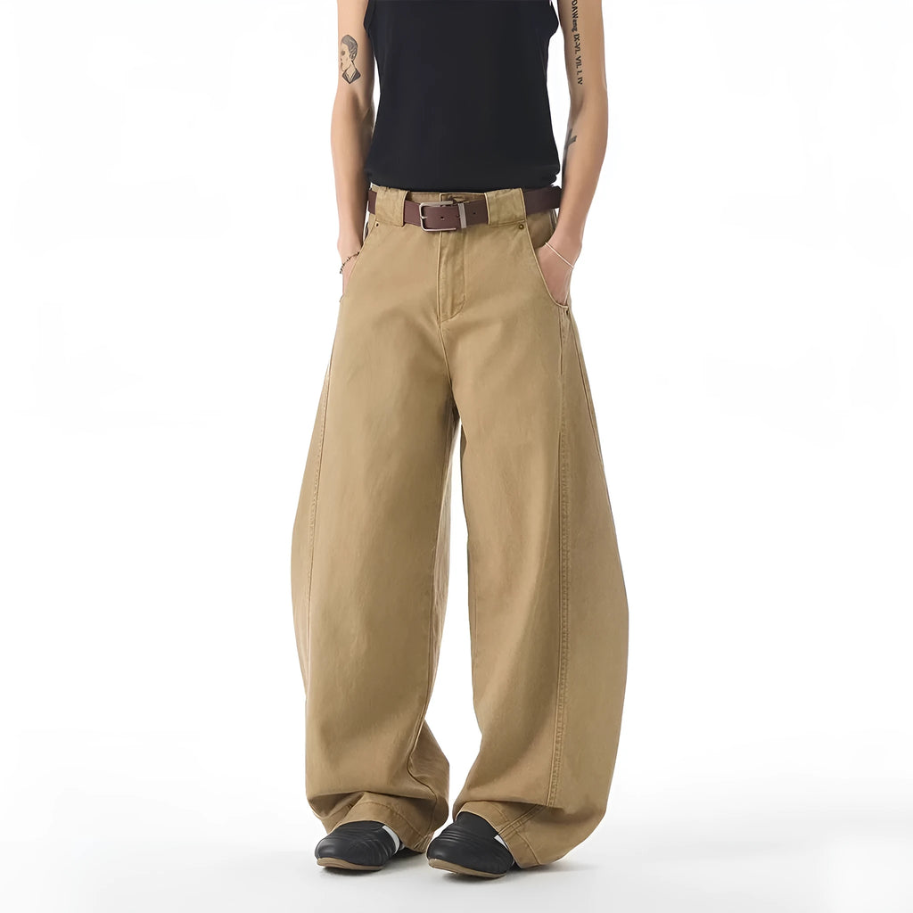 Brown men's loose fit straight leg jeans with Korean-style design and cardigan button fly