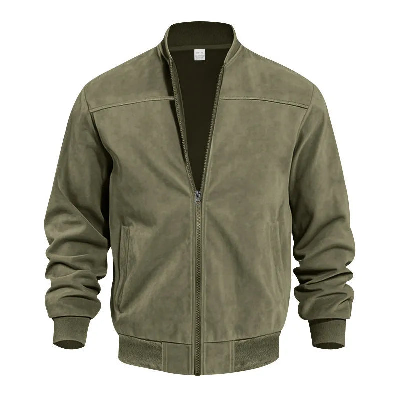 Men's plus-size suede casual zip jacket in Army Green, shown on a model.