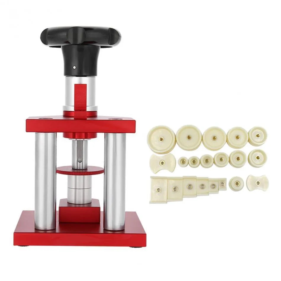 Watch repair spiral presser tool with a set of 20 plastic moulds for pressing on watch back covers.