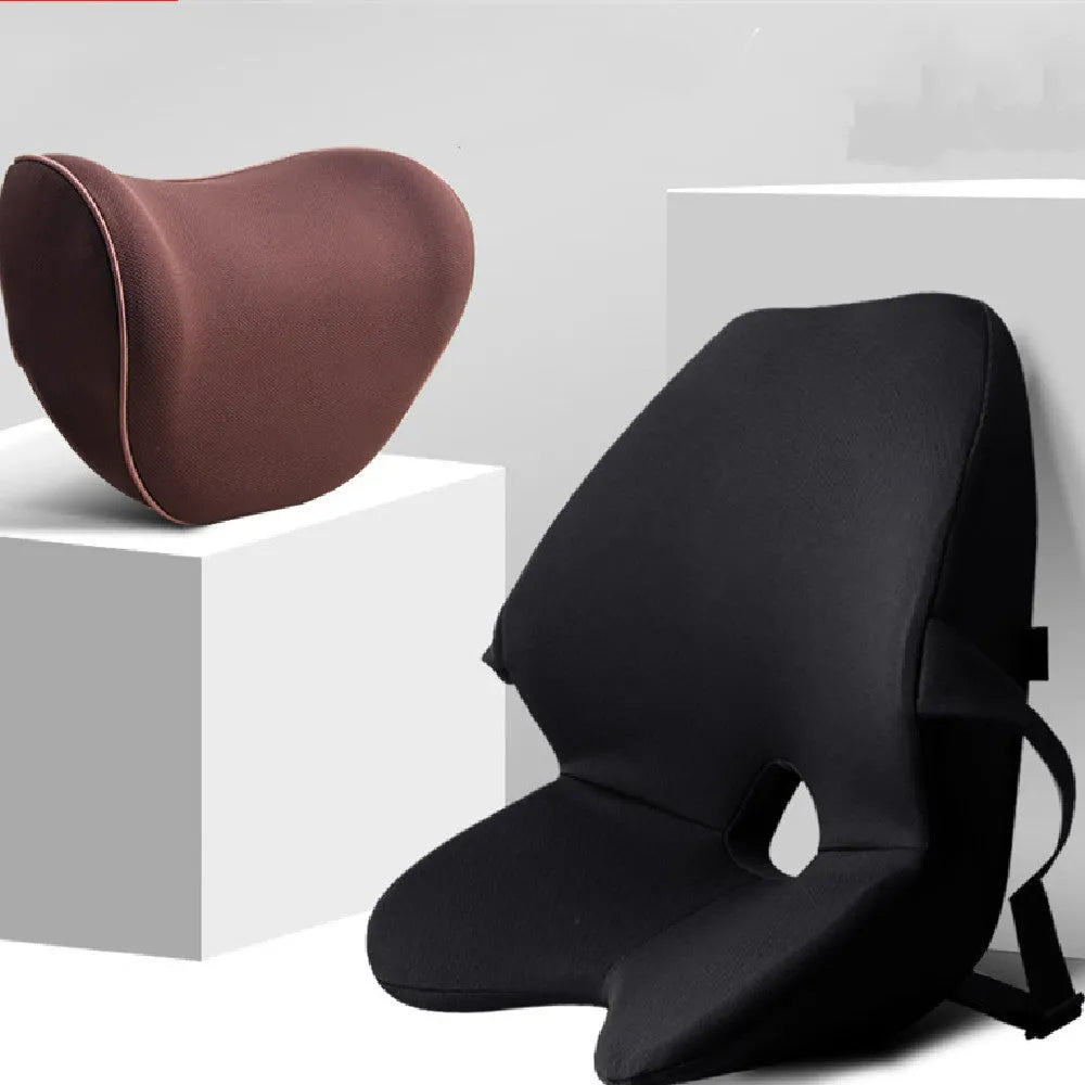 Car lumbar support cushion with memory cotton fill, shown in a grey colour on a car seat.