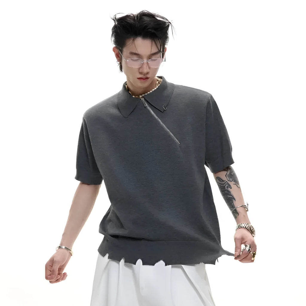 Black slim-fit knitted polo shirt for men with an oblique front zipper and lapel collar.