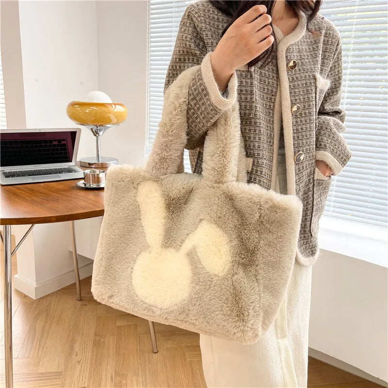 Plush rabbit ears shoulder tote bag in solid colour with cartoon design