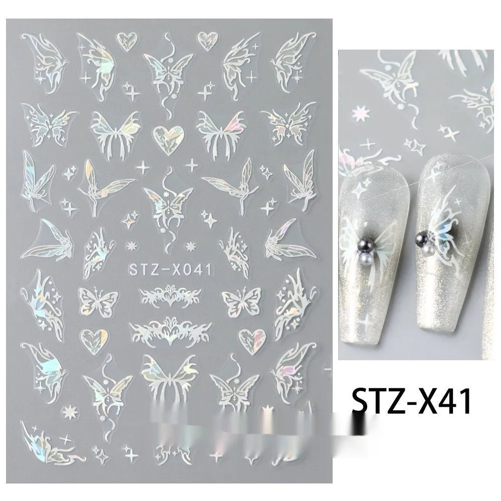 Set of 60 black and silver cartoon pattern nail strip stickers with plastic application patch.