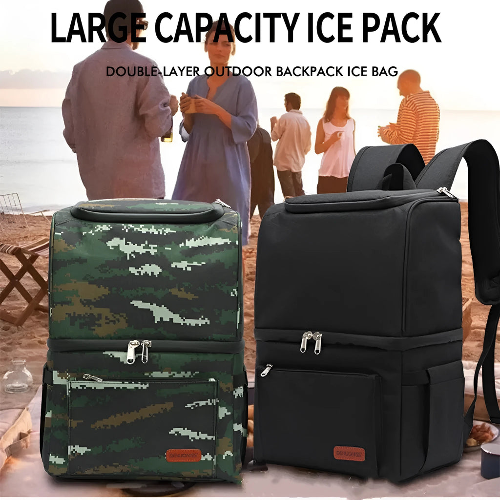 Blue double layer insulated waterproof backpack with a 22L capacity for picnics and camping.
